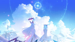 2girls absurdres bat_wings black_halo blue_archive blue_sky character_request cloud commentary_request cumulonimbus_cloud demon_horns dress from_behind halo highres horns long_hair low_wings multiple_girls short_hair sky tagme treeplanting very_long_hair white_dress wings