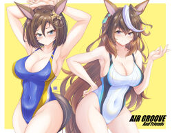 2girls absurdres air_groove_(umamusume) animal_ears black_hair blue_eyes blue_one-piece_swimsuit bow breasts brown_hair cleavage collarbone commentary competition_swimsuit covered_navel cowboy_shot ear_bow ear_chain earrings feet_out_of_frame heart heart_hands highleg highleg_one-piece_swimsuit highres horse_ears horse_girl horse_tail jewelry large_breasts linked_piercing long_hair multicolored_hair multiple_girls one-piece_swimsuit purple_eyes short_hair single_earring streaked_hair swimsuit symboli_rudolf_(umamusume) tail tong_shui two-tone_swimsuit umamusume white_hair white_one-piece_swimsuit wide_hips yellow_background
