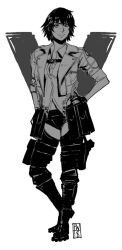 1girl black_gloves black_hair black_shorts dangerpat devil_may_cry_(series) devil_may_cry_5 fingerless_gloves gloves jacket lady_(devil_may_cry) looking_at_viewer micro_shorts shirt short_hair shorts signature smile
