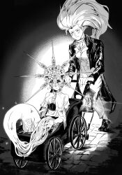 2boys absurdres blush brothers center_frills commentary_request covered_eyes dark_souls_(series) dark_souls_i dark_sun_gwyndolin facing_viewer frills frown greyscale highres jacket lamp long_hair male_focus male_with_breasts merman monochrome monster_boy multiple_boys nameless_king open_clothes open_jacket pants shirt shoes short_hair siblings sitting smile spiked_helmet sweatdrop trap vest walking wheel zunkome