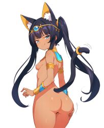 Rule 34 | 1girl, :q, ancient egyptian clothes, animal ears, ass, blue eyes, breasts, cat ears, cat tail, dark-skinned female, dark skin, farasha al-qitta (kamidan), from behind, hand on own ass, highres, jewelry, kamidan, looking at viewer, nude, nude filter, original, simple background, small breasts, solo, tail, third-party edit, tongue, tongue out, twintails, white background
