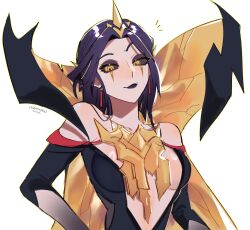 1girl bare_shoulders black_cape black_dress black_hair black_sclera breasts cape colored_sclera dress hair_ornament highres league_of_legends leblanc_(league_of_legends) long_hair looking_at_viewer medium_breasts mole mole_above_mouth molerayfield parted_bangs smile solo upper_body white_background yellow_cape
