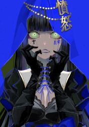 Rule 34 | 1girl, black dress, black gloves, black hair, black lips, blue theme, blunt bangs, body writing, breasts, cleavage, clenched teeth, colored eyelashes, cross tattoo, curled fingers, dress, eyeliner, facial tattoo, gloves, green eyes, highres, large breasts, long hair, looking at viewer, makeup, original, purple eyeliner, sidelocks, solo, syakemayusan, tattoo, teeth, upper body, veil, white eyeliner, wide-eyed