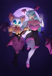 2girls absurdres animal_print aqua_hair bat_girl bat_print bat_wings blue_eyeshadow breasts bridal_gauntlets cleavage clothing_cutout cosplay costume_switch crossover darkstalkers eyeshadow fangs female_focus fur-trimmed_leotard fur_trim furry furry_female glowing glowing_eyes green_eyes head_wings heart_cutout highres huge_breasts large_breasts leotard low_wings makeup moon morrigan_aensland morrigan_aensland_(cosplay) multiple_girls off-shoulder_leotard pantyhose print_pantyhose purple_pantyhose purple_wings rouge_the_bat rouge_the_bat_(cosplay) smile sonic_(series) thick_thighs thighs trait_connection wide_hips wings xao xao_art