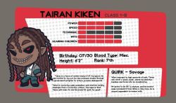 1boy black_sclera black_shoes boku_no_hero_academia brown_hair chibi colored_sclera commentary dark-skinned_male dark_skin dreadlocks english_commentary english_text green_pants grey_jacket jacket original pants pointy_ears red_eyes redringo188 school_uniform shirt shoes solo stats u.a._school_uniform white_shirt