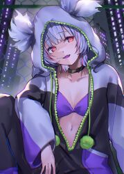 1girl alternate_color asumi_sena black_collar collar commentary_request cosplay fang grey_hair han_juri han_juri_(cosplay) highres hood hood_up hoodie mouth_hold multicolored_hair navel open_mouth outdoors pink_eyes pink_hair ringozeri skin_fang solo streaked_hair street_fighter two-tone_hair virtual_youtuber vspo!