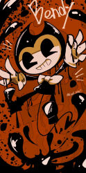 Rule 34 | 1boy, ankle boots, bendy, bendy and the ink machine, black boots, black eyes, boots, bow, bowtie, character name, commentary request, demon, demon tail, full body, gloves, grin, horns, ink, kimoti omoti, limited palette, looking at viewer, male focus, orange background, outstretched arms, pac-man eyes, simple background, smile, solo, tail, twitter username, white bow, white bowtie, white gloves