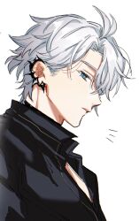1boy antenna_hair black_shirt closed_mouth collared_shirt earclip grey_hair hair_between_eyes half-closed_eyes highres honkai:_star_rail honkai_(series) looking_at_viewer male_focus official_alternate_costume open_clothes open_shirt parted_bangs phainon_(fashion)_(honkai:_star_rail) phainon_(honkai:_star_rail) profile sasai20240804 shirt short_hair simple_background solo upper_body white_background yellow_pupils