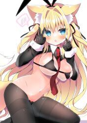 1girl @_@ animal_ear_fluff animal_ears between_breasts bikini black_bikini black_gloves black_hairband black_ribbon blonde_hair blue_eyes blush breasts copyright_request fake_animal_ears fox_ears fox_girl fox_tail fuuna_thise gloves hair_between_eyes hair_intakes hair_ribbon hairband highres hiphighs large_breasts long_hair long_sleeves maebari meme_attire navel necktie necktie_between_breasts rabbit_ears red_necktie reverse_bunnysuit reverse_outfit ribbon shrug_(clothing) simple_background solo spoken_blush sweat swimsuit tail two_side_up very_long_hair virtual_youtuber white_background