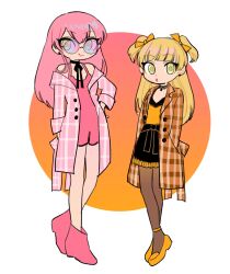 2girls :o blonde_hair coat dress earrings full_body hands_in_pockets highres idolmaster idolmaster_cinderella_girls jewelry jougasaki_mika jougasaki_rika long_hair looking_at_viewer multiple_girls open_clothes open_coat pantyhose pink_hair round_eyewear siblings sisters skirt smile stud_earrings sunglasses two_side_up yellow_eyes yoshida_(yoyoyo_043)