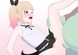 1boy 1girl age_difference arm_support belt black_belt black_ribbon black_skirt blonde_hair blush bottomless breasts censored clothes_lift embarrassed feet_out_of_frame from_side gradient_background gradient_hair hetero hime-sama_&quot;goumon&quot;_no_jikan_desu interspecies kuchikochan leaning_back leg_up loli long_hair looking_at_another monster mosaic_censoring multicolored_hair neck_ribbon open_mouth penis pink_background pink_hair pussy rape red_eyes ribbon sex sharp_teeth shirt sitting size_difference skirt skirt_lift sleeveless sleeveless_shirt small_breasts solo_focus spread_legs teeth tongue twintails two-tone_background two-tone_hair vaginal vampire vanilla_peschutz white_background white_shirt