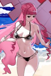 Rule 34 | 1girl, absurdres, bat tattoo, beach, bikini, day, drill hair, frilled bikini, frills, haizhefriend, highres, holding, holding umbrella, long hair, navel, ocean, one piece, outdoors, perona, pink hair, solid circle pupils, solo, sweat, swimsuit, tattoo, umbrella, water