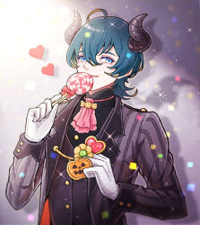 1boy arm_up ascot black_horns black_shirt black_vest blue_eyes buttoned_cuffs buttons candy closed_mouth collared_shirt commentary cookie curved_horns eyelashes fire_emblem fire_emblem:_three_houses fire_emblem_heroes food gloves green_hair hair_between_eyes halloween heart highres holding holding_candy holding_food holding_lollipop horns jack-o&#039;-lantern jacket kuhaha lapels lollipop long_sleeves looking_to_the_side male_byleth_(fire_emblem) male_byleth_(halloween)_(fire_emblem) male_focus nintendo notched_lapels official_alternate_costume pink_ascot shirt sideways_glance sleeve_cuffs smile solo sparkle striped_clothes striped_jacket suit_jacket swirl_lollipop symbol-only_commentary two-sided_fabric two-sided_jacket upper_body vertical-striped_clothes vertical-striped_jacket vest white_gloves wolf_cut