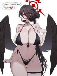 1girl 7a_(se7ena) absurdres angel_wings bare_shoulders bikini black_bikini black_choker black_hair black_wings blue_archive blush breasts choker cleavage cowboy_shot curvy feathered_wings hair_between_eyes hair_bun halo hasumi_(blue_archive) hasumi_(swimsuit)_(blue_archive) heart highres huge_breasts long_hair looking_at_viewer low_wings micro_bikini mole navel red_eyes simple_background single_hair_bun skindentation solo standing stomach sweat swimsuit thick_thighs thighs twitter_strip_game very_long_hair white_background wings