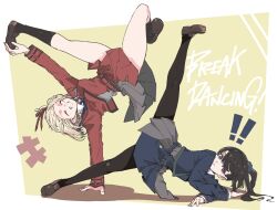 ! !! 2girls ^_^ absurdres black_hair black_outline black_pantyhose black_socks blonde_hair blue_dress blush border breakdance brown_shoes closed_eyes closed_mouth dress english_text grey_dress grin hair_ribbon hand_up handstand highres inoue_takina kneehighs leg_lift legs loafers long_sleeves looking_at_viewer lycoris_recoil multiple_girls nishikigi_chisato one_arm_handstand outline outside_border pantyhose panyatteria pleated_dress ponytail purple_eyes red_dress red_ribbon ribbon shoes short_hair smile socks thighs white_border yellow_background