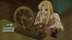 1girl :d blonde_hair blue_eyes buttons chair crank desk dress feathered_wings filo_(tate_no_yuusha_no_nariagari) game_cg hair_intakes holding_spool indoors long_hair non-web_source official_art on_chair open_mouth pink_dress short_sleeves sidelocks sitting smile solo spinning_wheel spool tate_no_yuusha_no_nariagari tate_no_yuusha_no_nariagari_rise white_wings wings wooden_floor yarn