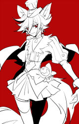 1girl androgynous animal_ear_fluff animal_ears ascot bow bow_skirt chocolate choker closed_mouth collared_shirt cowboy_shot cure_chocolat diamond_earrings dog_ears dog_girl dog_tail dripping earrings extra_ears eyelashes floating_cape food-themed_clothes fur-trimmed_jacket fur_trim greyscale_with_colored_background hair_between_eyes hat heart heart_print heke jacket jewelry juliet_sleeves kenjou_akira kirakira_precure_a_la_mode large_tail long_hair_between_eyes long_sleeves looking_at_viewer magical_girl mini_hat mini_top_hat miniskirt pleated_skirt precure puffy_sleeves red_background red_eyes shirt short_hair simple_background sketch skirt sleeve_cuffs smile solo spot_color standing swept_bangs tail thigh_strap thighhighs top_hat vertical-striped_sleeves waist_bag