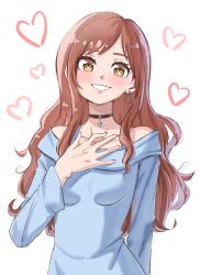 1girl alternate_costume bervens12 blue_dress blush breasts brown_eyes brown_hair cissnei crisis_core_final_fantasy_vii dress earrings final_fantasy final_fantasy_vii final_fantasy_vii_rebirth final_fantasy_vii_remake hand_on_own_chest highres jewelry long_hair long_sleeves medium_breasts off-shoulder_dress off_shoulder pendant_choker sidelocks solo swept_bangs upper_body wavy_hair white_background