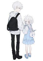 1boy 1girl age_difference ahoge animal_bag aochan_1325 black_bag black_footwear black_pants blue_dress blue_eyes blue_footwear blush bobby_socks child couple dress earrings from_behind full_body hair_ornament hetero highres jewelry looking_at_viewer looking_back original pants parted_lips rabbit_bag rabbit_hair_ornament ringed_eyes short_hair simple_background socks sparkle white_background white_hair white_hood white_socks