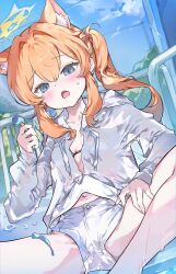 0202ase 1girl absurdres alternate_costume alternate_hairstyle animal_ear_fluff animal_ears black_bra blue_archive blush bra cat_ears cat_girl hair_between_eyes highres holding holding_mushroom loli long_hair looking_at_viewer mari_(blue_archive) mushroom navel open_clothes open_mouth open_shirt orange_hair shirt shorts side_ponytail sidelocks solo sweatdrop teeth underwear upper_teeth_only wet white_shirt white_shorts