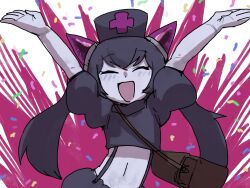 1girl :d arms_up bag black_hair black_shirt black_shorts brown_bag chrome_(mon-musu_quest!) closed_eyes colored_skin confetti crop_top cross demon_girl facing_viewer gloves grey_skin happy hat highres horns light_blush long_hair mon-musu_quest! monster_musume_td navel nurse_cap open_mouth puffy_short_sleeves puffy_sleeves purple_background purple_horns red_cross rubber_gloves setouchi_(blackse) shirt short_sleeves shorts shoulder_bag simple_background smile solo suspender_shorts suspenders twintails two-tone_background upper_body very_long_hair white_background