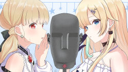 2girls absurdres aizawa_ema aizawa_ema_(1st_costume) asmr bare_shoulders binaural_microphone black_choker black_gloves blonde_hair blue_eyes blush choker earrings from_side gloves hair_ornament highres inumugi jewelry kogara_toto kogara_toto_(gothic) looking_at_viewer microphone multiple_girls neumann_ku_100 open_mouth red_eyes signature virtual_youtuber vspo!