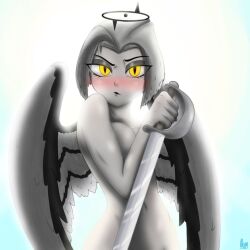 1girl akim angel angel_girl angel_wings aqua_background blush breasts colored_skin completely_nude covering_breasts covering_privates embarrassed eyelashes grey_hair grey_skin hazbin_hotel heaven looking_at_viewer lute_(hazbin_hotel) medium_breasts nude pointing pointing_at_viewer sword weapon white_background wings