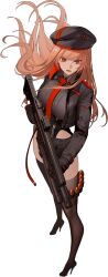 Rule 34 | 1girl, artist request, beret, black choker, black leotard, black thighhighs, blush, breasts, choker, cleavage, curvy, floating hair, from above, goddess of victory: nikke, hair between eyes, hat, holding, holding weapon, impossible clothes, jacket, large breasts, leotard, leotard under clothes, long hair, looking ahead, military uniform, official art, open clothes, open jacket, open mouth, orange eyes, rapi (nikke), revealing clothes, skindentation, solo, thigh gap, thighhighs, thighs, transparent background, very long hair, weapon, wide hips
