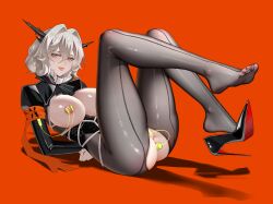 1girl absurdres adapted_costume anal anal_object_insertion arknights armband arms_behind_back ass bdsm black_leotard black_shoes breasts dragon_horns feet grey_eyes grey_hair hair_between_eyes hair_intakes high_heels highres horns large_breasts leotard long_sleeves looking_at_viewer nipple_stimulation nipples object_insertion red_armband red_background restrained sex_toy shoes simple_background single_shoe soles solo talulah_(arknights) toes tongue tongue_out vaginal vaginal_object_insertion vibrator vibrator_on_nipple yat_(tsmn7245)