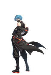 Rule 34 | 1boy, bare shoulders, black coat, black pants, black shirt, black shoes, blue eyes, blue hair, closers, coat, from behind, full body, highres, looking at viewer, looking back, male focus, mask, mouth mask, nata (closers), off shoulder, official art, pants, shirt, shoes, short hair, simple background, sleeveless, sleeveless shirt, solo, standing, white background