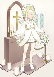 1boy :&lt; altar angel_wings ankle_boots aona_(noraneko) arms_at_sides bell_sleeves beret boots bow bowtie candelabra candle candlestand choir christmas_rose colored_eyelashes cross faux_figurine flower frilled_shirt frilled_sleeves frills full_body gold_trim green_eyes green_shorts hat hat_flower hellebore highres jacket jitome latin_cross light_green_hair long_sleeves looking_at_viewer male_focus original parted_bangs personification sepia_background shirt short_hair short_shorts shorts solo stanchion standing wavy_hair white_boots white_bow white_bowtie white_flower white_hat white_jacket white_shirt white_wings window wings wooden_floor