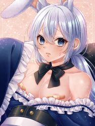 1boy absurdres androgynous animal_ears bandaid bandaids_on_nipples black_bow blue_eyes blue_shirt bow bow_choker choker collarbone commentary_request covered_erect_nipples dragon_quest dragon_quest_x frilled_shirt frills frown hair_bow hero_(dq10) highres kuro11_222 long_hair looking_at_viewer looking_to_the_side low_ponytail male_focus off_shoulder orange_background pasties pectorals ponytail rabbit_boy rabbit_ears shirt sleeves_past_fingers sleeves_past_wrists solo star_(symbol) sweatdrop trap white_hair