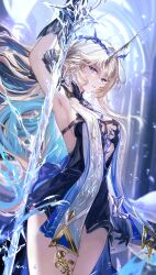 1girl absurdres arm_up armpits black_collar black_dress blonde_hair blue_eyes blue_hair breasts collar colored_inner_hair commentary cowboy_shot crown_of_thorns dress fleurdelys_(wuthering_waves) highres holding holding_sword holding_weapon horns jewelry large_breasts long_hair looking_at_viewer multicolored_hair necklace parted_lips pointy_ears sidelocks single_horn solo sword tabard thighs vardan very_long_hair weapon white_tabard wuthering_waves yellow_horns