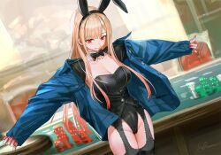 1girl animal_ear_hairband animal_ears black_bow black_bowtie black_leotard black_thighhighs blonde_hair blue_jacket blush bow bowtie breasts casino cleavage cowboy_shot detached_collar dutch_angle fake_animal_ears gradient_hair grin hairband highleg highleg_leotard highres indoors infukun jacket kitagawa_marin large_breasts leotard long_hair long_sleeves looking_at_viewer multicolored_hair nail_polish open_clothes open_jacket outstretched_arms pink_hair playboy_bunny poker_chip rabbit_ear_hairband rabbit_ears red_eyes red_nails roulette_table signature sleeves_past_wrists smile solo sono_bisque_doll_wa_koi_wo_suru spread_arms standing strapless strapless_leotard table thighhighs two-tone_hair very_long_fingernails very_long_hair