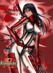 00s 1girl 2007 artist_name black_hair blood bodysuit copyright_name dated edenfox female_focus fishnets hibana highres kunoichi_(game) long_hair red_eyes sega skin_tight solo standing weapon