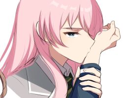2girls bang_dream! bang_dream!_it&#039;s_mygo!!!!! chihaya_anon collared_shirt female_pov green_necktie grey_eyes grey_jacket haneoka_school_uniform hiruver holding_another&#039;s_wrist jacket kiss kissing_hand long_hair looking_at_viewer multiple_girls nagasaki_soyo necktie pink_hair pov school_uniform shirt simple_background tsukinomori_school_uniform white_background white_shirt yuri