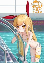 1girl absurdres arm_support bikini blonde_hair blunt_bangs breasts cheek_press closers collarbone hair_ornament highres leaning_forward light_blush long_hair looking_at_viewer lucy_(closers) marshal_(artist) micro_bikini navel parted_lips pool pool_ladder poolside ringed_eyes side-tie_bikini_bottom sidelocks single_thighhigh skindentation small_breasts solo standing string_bikini swimsuit thighhighs very_long_hair wading water wet white_thighhighs yellow_bikini yellow_eyes