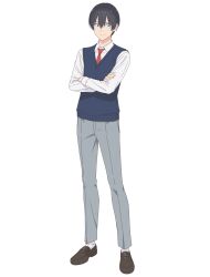 Rule 34 | 1boy, 2.5 jigen no ririsa, anime coloring, black eyes, black hair, blue vest, closed mouth, collared shirt, crossed arms, dress shoes, full body, grey pants, hair between eyes, highres, long sleeves, looking at viewer, necktie, official art, okumura masamune, pants, red necktie, shirt, shitaya tomoyuki, short hair, simple background, socks, solo, standing, transparent background, vest, white shirt, white socks