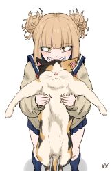 1girl absurdres animal bags_under_eyes blonde_hair blue_skirt blunt_bangs boku_no_hero_academia cardigan cat double_bun hair_bun highres holding holding_animal holding_cat messy_hair open_mouth pleated_skirt school_uniform serafuku sidelocks skirt slit_pupils toga_himiko wolkat yellow_eyes