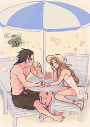 1boy 1girl aerith_gainsborough aerith_gainsborough_(sunny_robe) bangle bare_shoulders barefoot beach beach_chair beach_umbrella bikini black_hair blindfold blush bracelet brown_hair closed_eyes costa_del_sol couple cup drinking elbow_rest final_fantasy final_fantasy_vii final_fantasy_vii_ever_crisis food fruit hair_pulled_back hat heart highres holding holding_cup holding_hands jewelry long_hair looking_at_another musical_note ninnin5tora official_alternate_costume outdoors parted_bangs pink_bikini sand sandals sidelocks sitting smile spiked_hair spoken_musical_note straw_hat swimsuit tonberry topless_male umbrella watermelon watermelon_slice zack_fair zack_fair_(tropical_beach)