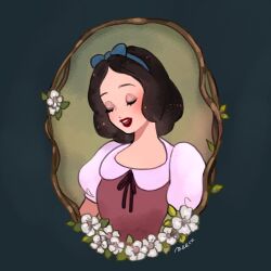 1girl black_hair bow dress hair_bow looking_at_viewer meecosme puffy_short_sleeves puffy_sleeves short_hair short_sleeves smile snow_white_(disney) snow_white_and_the_seven_dwarfs_(disney) solo tagme upper_body