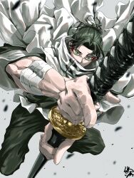 1boy absurdres bandaged_arm bandages black_hair cloak endo_yohane eyeshadow fighting_stance green_eyes high_collar highres holding holding_sheath holding_sword holding_weapon kagurabachi katana looking_at_viewer makeup male_focus ponytail ready_to_draw red_eyeshadow sheath short_hair solo sword unsheathing uruha_youji weapon white_cloak