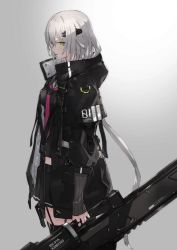 Rule 34 | 1girl, black serafuku, black shirt, black thighhighs, blouse, character request, clothes writing, coat, copyright request, cowboy shot, female focus, from side, garter straps, gradient background, green eyes, hair between eyes, headpiece, heavily armed high school girls, hood, hooded coat, ichi (heavily armed high school girls), ichi another (heavily armed high school girls), jewelry, long hair, midriff, miniskirt, neckerchief, neco, popped collar, profile, purple neckerchief, ribbed sweater, ring, school uniform, serafuku, shirt, skirt, solo, sweater, thighhighs, weapon, white hair