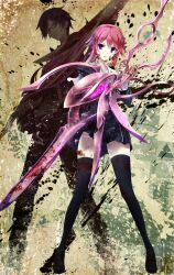 1boy 1girl black_dress black_jacket black_pants black_shoes black_thighhighs blood blood_on_face blood_on_hands blood_on_leg bloody_weapon blue_eyes blue_hair chaos;child chest_bow cropped_jacket cry-planet d-sword dress dress_vest full_body glasses hair_between_eyes hekiho_academy_school_uniform highres holding holding_sword holding_weapon huge_weapon jacket loafers long_sleeves looking_at_viewer miyashiro_takuru onoe_serika open_mouth pants pink_eyes pink_hair sailor_collar school_uniform serious shoes short_hair sidelocks sumo_sticker_(chaos;child) sword thick_thighs thighhighs thighs v-shaped_eyebrows weapon white_sailor_collar zettai_ryouiki