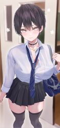 1girl absurdres bag black_choker black_hair black_skirt black_thighhighs blue_necktie blurry blurry_background blush bra bra_visible_through_clothes breasts choker cleavage diagonal-striped_clothes diagonal-striped_necktie feet_out_of_frame frilled_bra frills hallway highres large_breasts light_smile looking_at_viewer loose_necktie miniskirt necktie norio_(noriosub) open_collar original pleated_skirt school_bag school_uniform shirt shirt_tucked_in short_hair signature skindentation skirt sliding_doors solo striped_clothes thighhighs tomboy underwear white_bra white_shirt