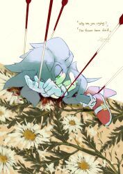 1boy absurdres animal_ears animal_nose artist_name blood blue_fur blue_hair body_fur dated dutch_angle ears_down english_text engrish_text floral_print full_body furry furry_male gloves green_eyes half-closed_eyes highres impaled long_hair lying male_focus needle on_side ranguage red_shoes shoes signature socks solo sonic_(series) sonic_the_hedgehog tail white_gloves white_socks yusond