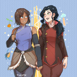 2girls asami_sato avatar_legends black_hair blue_background blue_eyes blush brown_hair couple dark-skinned_female dark_skin detached_sleeves green_eyes holding_hands korra long_hair multiple_girls short_hair spirit the_legend_of_korra ticcy twitter_username yuri