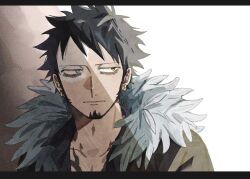 Rule 34 | 1boy, bags under eyes, black hair, black shirt, blue feathers, chest tattoo, collarbone, collared shirt, commentary request, dekaidaikon, earrings, facial hair, feather trim, feathers, goatee, grey eyes, highres, jewelry, looking to the side, male focus, multiple earrings, one piece, open collar, piercing, shirt, short hair, sideburns, sideways glance, solo, tattoo, trafalgar law, upper body