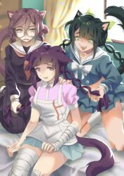 3girls alternate_hairstyle animal_ears apron bandaged_arm bandaged_hand bandaged_leg bandages bandaid bandaid_on_knee bandaid_on_leg black_hair black_serafuku black_shirt black_skirt blue_shirt blue_skirt bow braid braiding_hair cat_ears cat_girl cat_tail chabashira_tenko commentary curtains danganronpa:_trigger_happy_havoc danganronpa_(series) danganronpa_2:_goodbye_despair danganronpa_v3:_killing_harmony english_commentary eyelashes fang fukawa_toko glasses green_eyes green_ribbon hair_ribbon hairdressing highres holding_another&#039;s_hair in-franchise_crossover indoors karu_(8komori) kneeling long_hair long_sleeves mole mole_under_eye multiple_girls neckerchief open_mouth pink_shirt purple_eyes purple_hair red_neckerchief ribbon round_eyewear sailor_collar school_uniform serafuku shirt short_sleeves sitting skirt skirt_set smile sweatdrop tail teeth tsumiki_mikan twin_braids twintails upper_teeth_only white_apron white_bow white_sailor_collar window