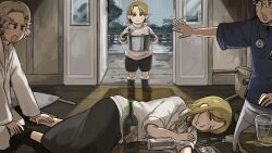 1boy 3girls aged_down beer_bottle bird black_boots black_shoes black_shorts black_skirt blonde_hair blue_eyes blue_shirt boots bottle chair chicken commentary cooking_pot diva_(hyxpk) doctor drunk duck english_commentary fallen_down glass glasses grey_hair grey_shirt hair_ornament highres holding holding_cooking_pot little_nuns_(diva) long_hair mole mole_on_cheek multiple_girls photo_(object) rain rectangular_eyewear shirt shoes shorts skirt star_(symbol) star_hair_ornament star_nun&#039;s_aunt_(diva) star_nun&#039;s_uncle_(diva) stethoscope strict_nun&#039;s_mother_(diva) strict_nun_(diva) white_shirt